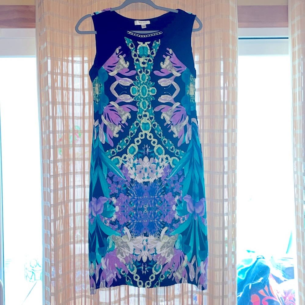 Dress Barn dress, Sz 6, stretchy, black with purple / green / gold